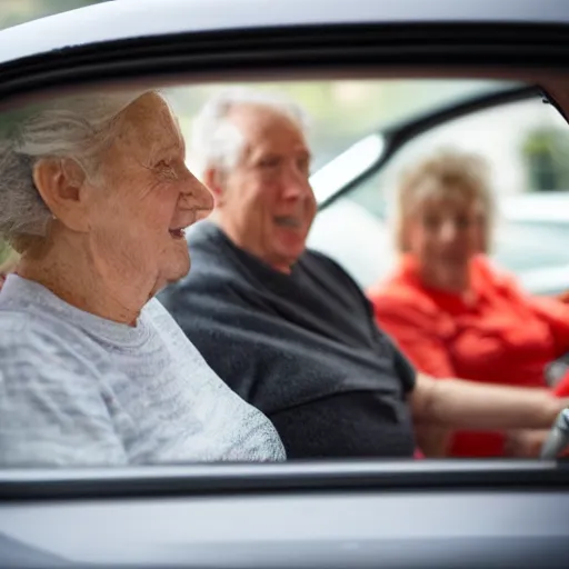 Prompt: nursing home clients running down the street find a car and start to drive. shallow depth of field. very dark and stormy