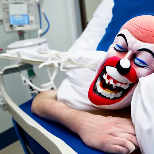 Image similar to confused laughing clown lying in hospital bed with wrist restraints on, restraint fabric straps attached to hospital bed, photograph, 8 k