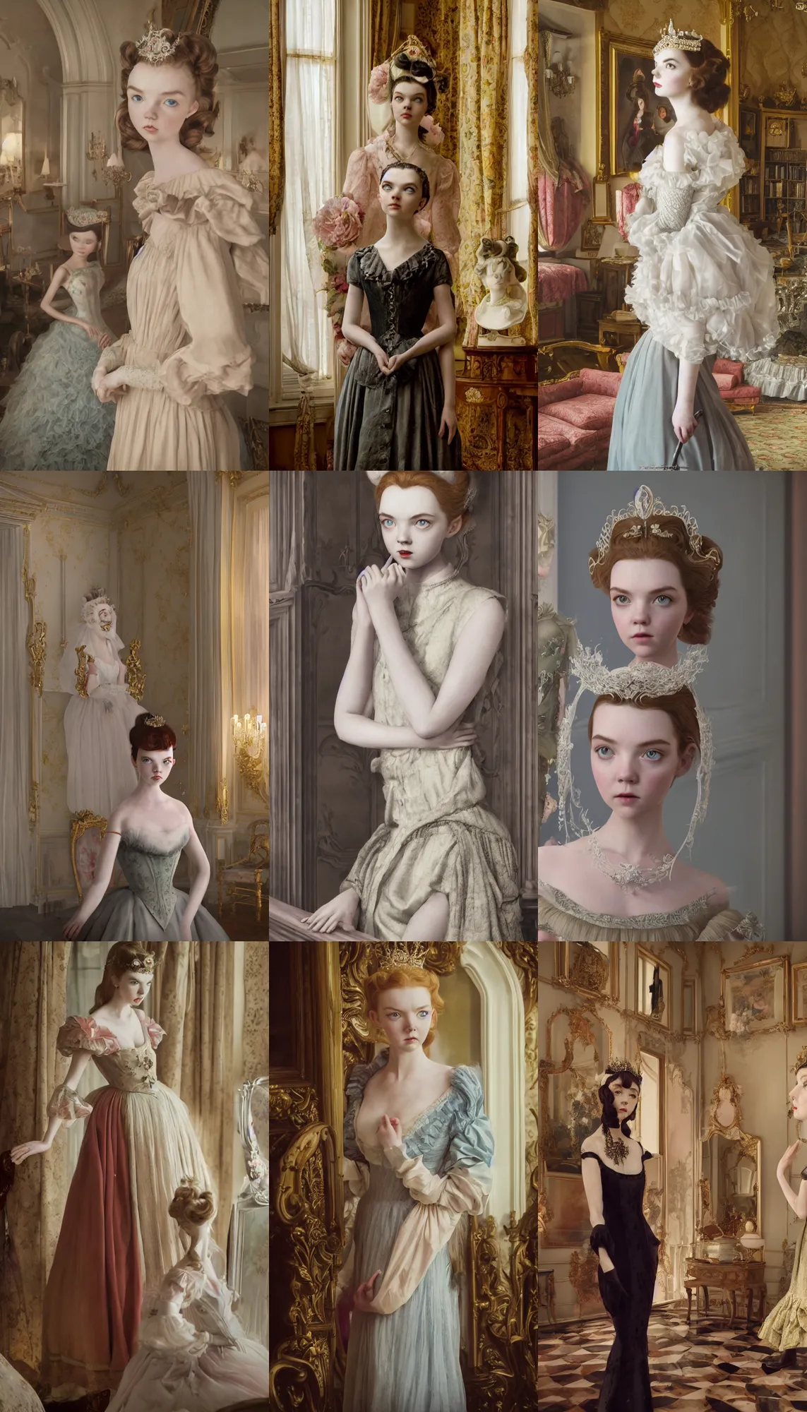 Prompt: a mix of lily cole, anya taylor - joy and audry hepburn, tiara, standing proud in their 1 8 th century manor, hyper - realism photo - realism, 8 k, hdr, unreal engine 5, octane render, photorealistic, extremely detailed, intricate, in the style of mark ryden, lostfish, earl nore, hyung tae, frank frazetta