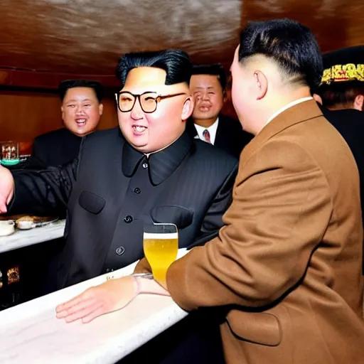 Prompt: kim jong - un having a drink in an ambient bar