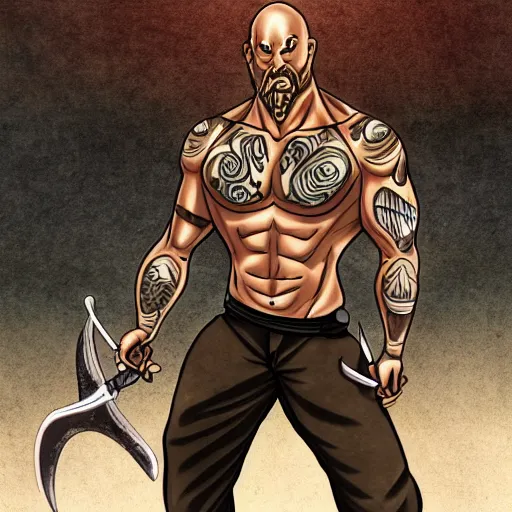 Image similar to muscular bald man, tattooed body, sword in hands, HD, anime style,