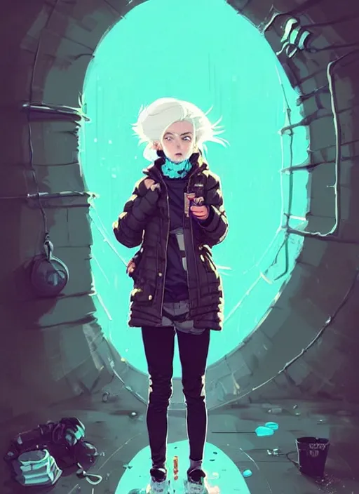 Image similar to highly detailed portrait of a sewer punk lady student, blue eyes, puffy jacket, white hair by atey ghailan, by greg rutkowski, by greg tocchini, by james gilleard, by joe fenton, by kaethe butcher, gradient blue, black, brown and cyan color scheme, grunge aesthetic!!! ( ( graffiti tag wall background ) )