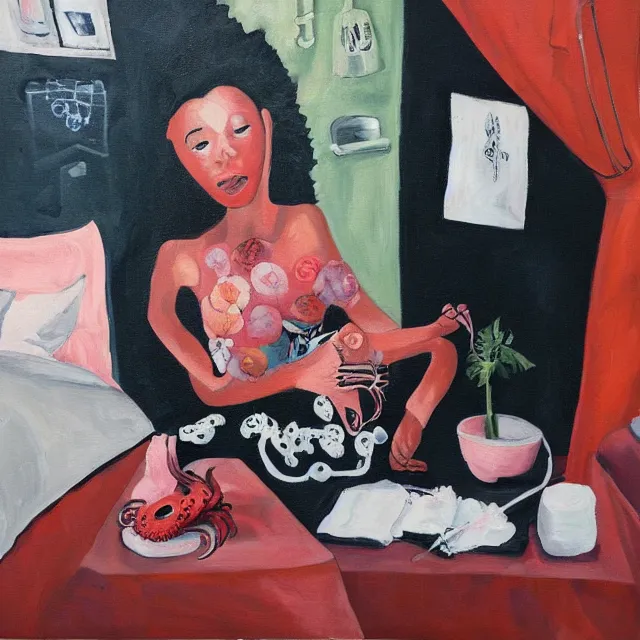 Image similar to a portrait in a female artist's bedroom, black walls, emo girl eating pancakes, sheet music, berries, surgical supplies, handmade pottery, flowers, sensual, octopus, neo - expressionism, surrealism, acrylic and spray paint and oilstick on canvas