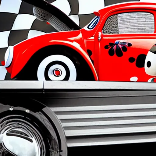 Image similar to close - up sports shot of a hybrid'herbie the love bug'race car and a real lady bug. it's a nice night at the drive - in diner. imax, 7 0 mm, movie still