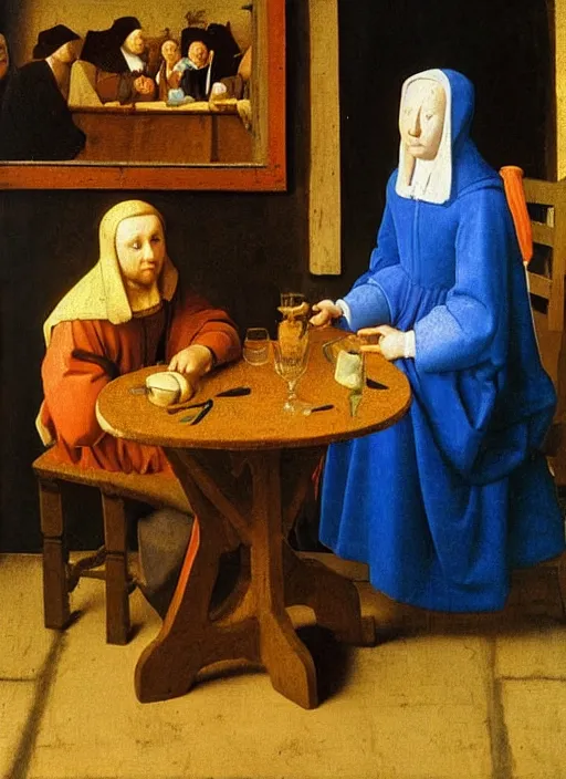 Image similar to evening, young man at the table with young pretty blonde girl at the crowded tavern in the evening. medieval painting by jan van eyck, johannes vermeer