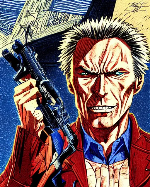 Prompt: Digital color pen drawing of Clint Eastwood from JoJo\'s Bizzare Adventure, highly detailed, sharp focus, screentone shading, 1990 manga panel, trending on ArtStation, manga cover art drawn by Hirohiko Araki