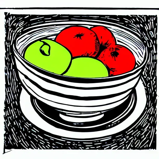 Prompt: bowl of fruit, linocut, very beautiful masterpiece