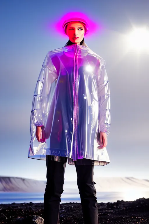 Image similar to an ultra high definition professional high fashion portrait studio full length photograph of a model wearing a transparent pearlescent raincoat and neon visor in an icelandic black rock environment at dawn. no artefacts. extremely detailed. stark. refraction. shallow depth of field. volumetric light and shadow. ray tracing. light rays.