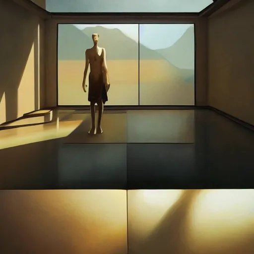 Image similar to indoor liminal space, golden light, peter tarka, minimalistic, hyperrealistic surrealism, award winning masterpiece with incredible details, epic stunning, infinity pool mirrors, a surreal vaporwave liminal space with mirrors, highly detailed, trending on artstation, artgerm and greg rutkowski and alphonse mucha, daily deviation