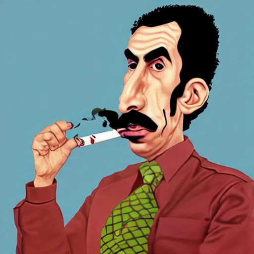 Image similar to Borat smoking a giant joint, caricature, smoke, amazing detail, digital art, artstation