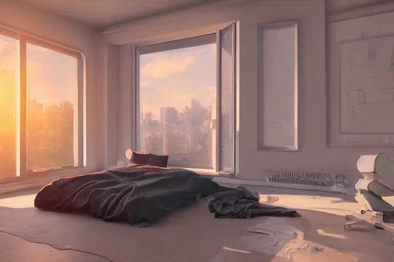 Image similar to a futuristic furnished bedroom with a large window at sunset, godrays, luxury furnish, white bed, complementary colors, warm lighting, path traced, highly detailed, high quality, concept art, 8k, calm, trending on Artstation