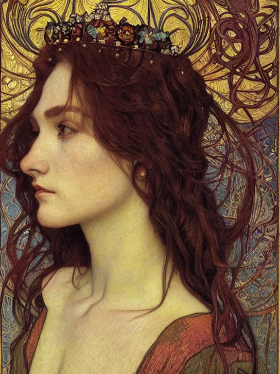 Image similar to detailed realistic beautiful young medieval queen face portrait by jean delville, alphonse mucha, vincent van gogh, and marco mazzoni, art nouveau, symbolist, visionary, gothic, pre - raphaelite
