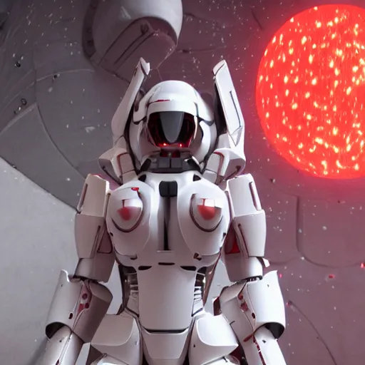 Prompt: a white guardian mech armor from sidonia no kishi fighting the horrifying gauna in deep space, rendered in cinema 4d, realistic lighting, ray tracing reflections, flashy red lights