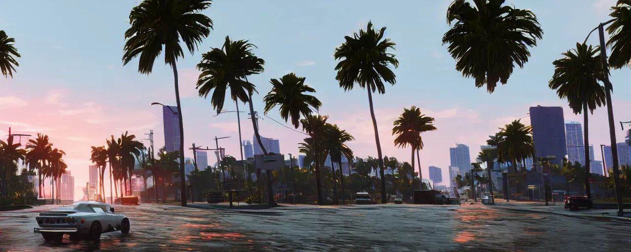 Prompt: still next - gen ps 5 game grand theft auto 6 2 0 2 4 remaster, graphics mods, rain, red sunset, people, rtx reflections, gta vi, miami, palms and miami buildings, photorealistic screenshot, unreal engine, 4 k, 5 0 mm bokeh, gta vice city remastered, artstation