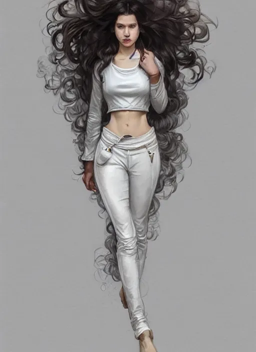 Image similar to girl in very short white! top and very short gray! leather jacket, open belly, long dark curly hair, high waist sweatpants, intricate, elegant, highly detailed, digital painting, artstation, concept art, smooth, illustration, art by artgerm and greg rutkowski and alphonse mucha