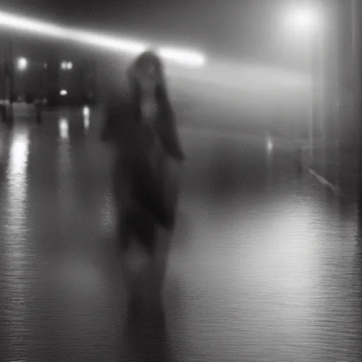 Image similar to an abstract photograph of a lonely male shadowy figure, he is dancing, there is a dark street, it is flooded with water, long exposure, motion blur, 35mm, black-and-white