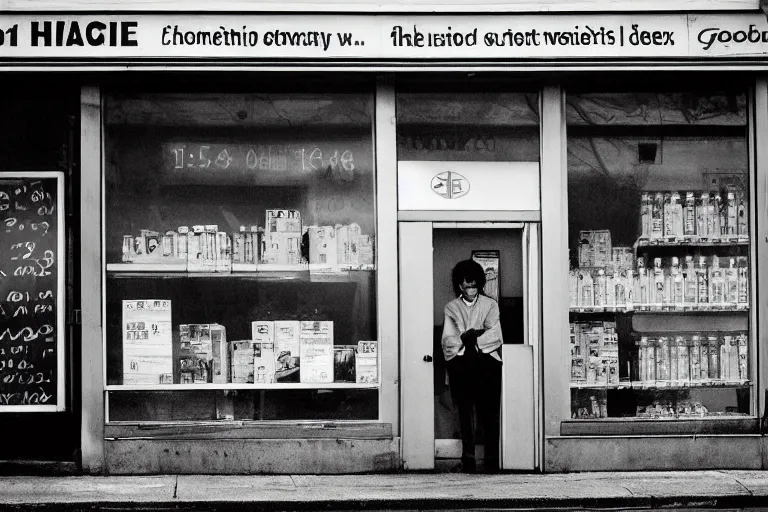 Prompt: a cinematic headshot portrait of an evil scientist, stood outside a corner shop, foggy, colour, detailed, deep focus, movie still, dramatic lighting, by fay godwin