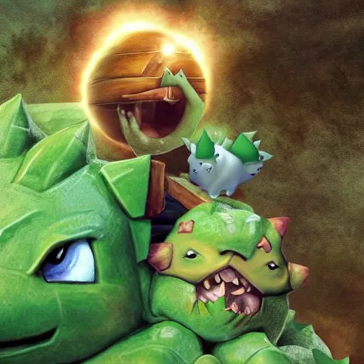 Image similar to Nicholas Cage riding a bulbasaur into battle, photograph