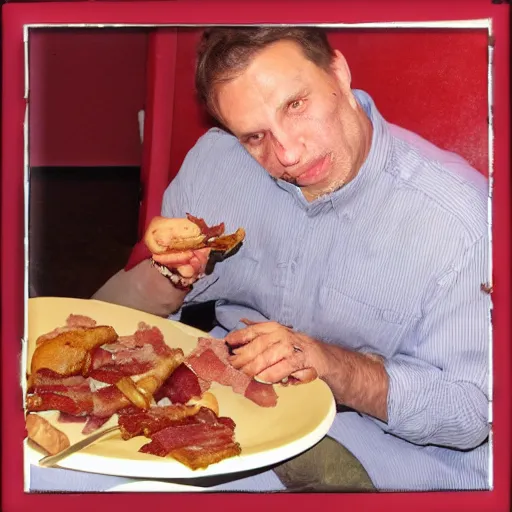 Image similar to lou perez eating bacon, realistic, high quality photo