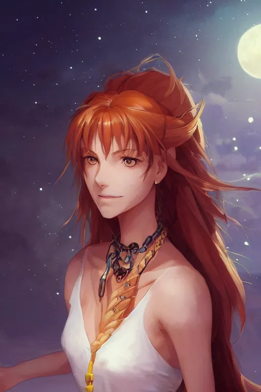 Image similar to long ginger hair, tanned woman in a prehistoric outfit, green eyes, fang necklace, by artgerm, hair tied in a ponytail, white backdrop, soft lighting, night scene, by greg rutkowski makoto shinkai takashi takeuchi