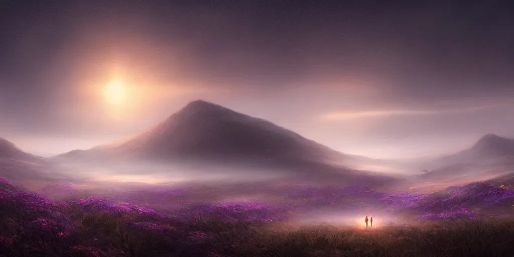 Image similar to masterpiece digital painting of a large landscape of the realm of dreams, stars in the sky, at dawn, emerging sun and hills on the horizon some light fog by wlop and sandara, and john howe, unreal engine, trending on artstation, more dark purple color scheme, cinematic lights, fireflies, sandman