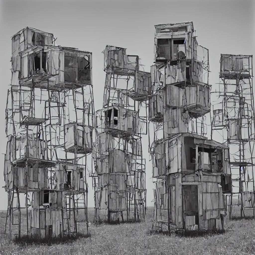 Prompt: high towers made up of makeshift squatter shacks with glass facades, mamiya, 8 5 mm, uniform plain sky, fine details, photographed by julie blackmon