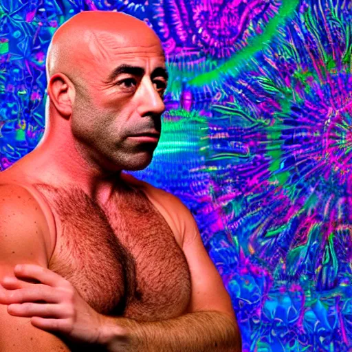 Prompt: a portrait of joe rogan with a psychedelic background with bokeh