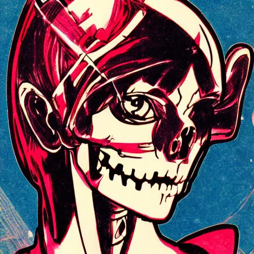 Image similar to anime manga skull portrait girl female skeleton astronaut illustration 80s comic art frank miller dirko and alphonse mucha ditko pop art nouveau