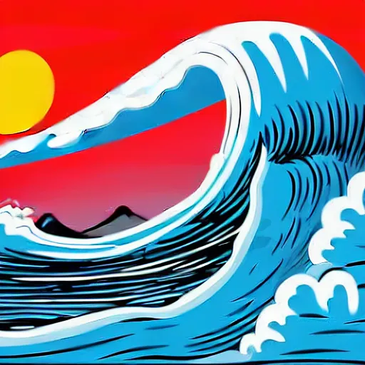 Image similar to giant tsunami wave that is 20 miles high, approaching about to crash into a small coastal town. miniature buildings compared to giant waves are so tall, they seem to touch the sky, large scale image, cartoon color drawing vector illustration, 2d photorealistic flat anime style