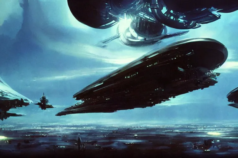 Image similar to a black alien spaceship descending on earth, weird angles, cinematic, shadows, 4 k, detailed, by john berkey!!!!!! and peter jackson and ridley scott and beeple!!! and greg rutowski