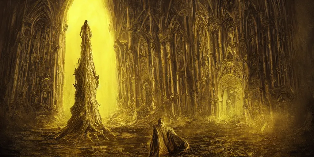 Image similar to a tall towering huge pale human wearing a yellow garment sitting upon an ornate stone throne, 4K, digital art, lovecraftian, lovecraft art, artstation, horror, dramatic, wearing a long yellow rotting garment, dark, hyperrealistic, dramatic perspective, complex (((dark))) cathedral background, dark background, highlights, extremely detailed,