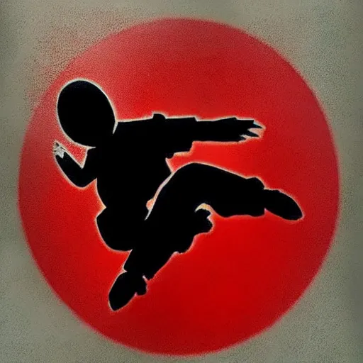 Image similar to tattoo design, stencil, a ninja jumping in the air slashing a sword