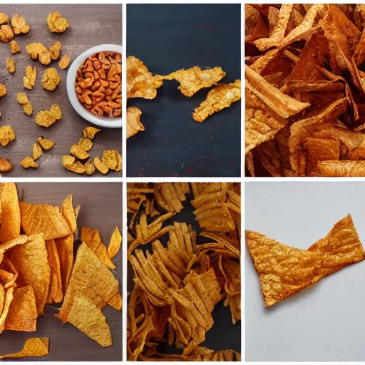 Image similar to a chaotic collage of award winning crispy crisps