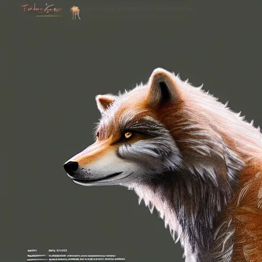 Image similar to professional stylized full - body digital art of a side profile of a tibetan wolf, tan and brown fur, fluffy, falling leaves, hd, 8 k, highly detailed, high quality, cute