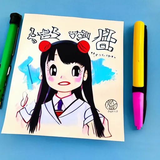 Image similar to a perfect professional sketch of a funny and cute Japanese schoolgirl, by ink pen with a few colored pens, in style of Disney Pixar, CalArts, on high quality paper