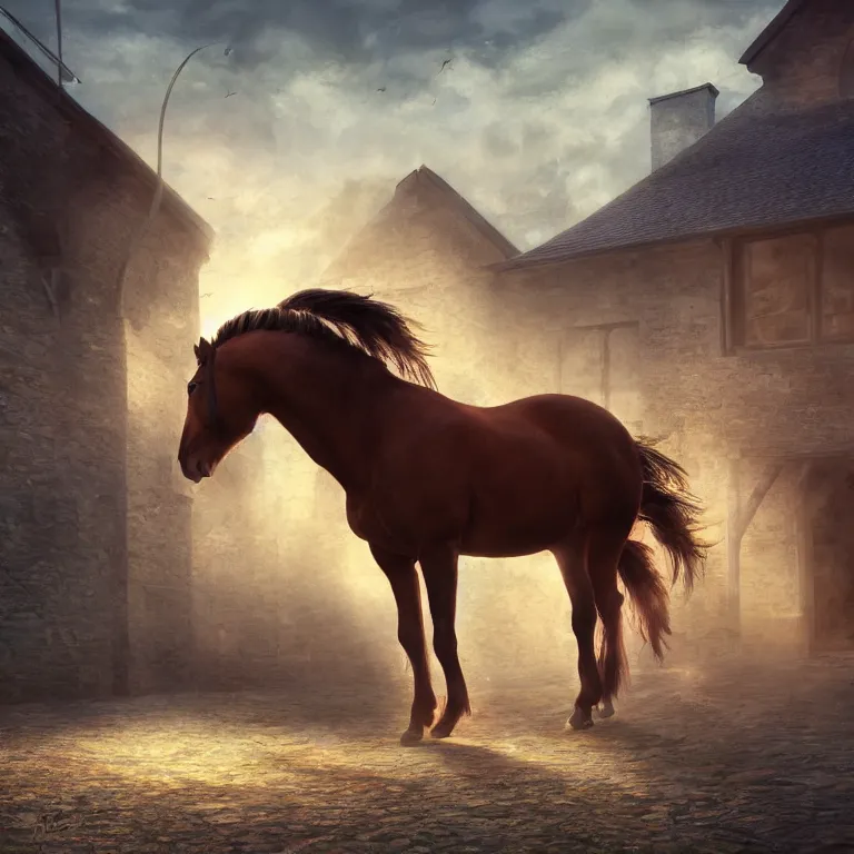 Image similar to A horse attempting to solve a jigsaw puzzle, looking confused, cinematic lighting, evening light, stables, digital painting, volumetric light, concept art, trending on artstation