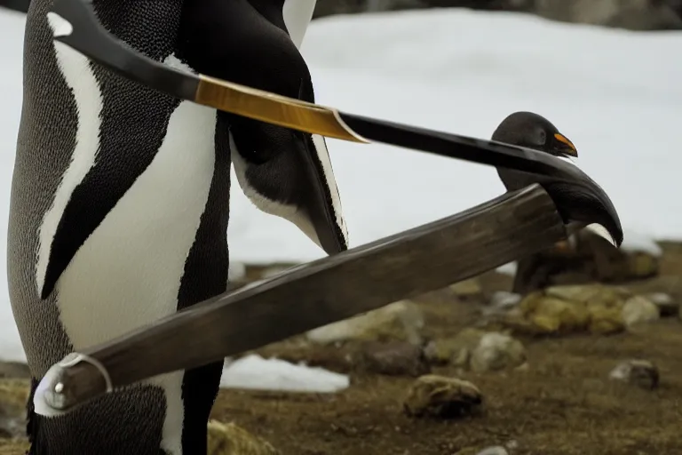 Image similar to movie scene closeup penguin wearing fishbone armor holding a katana sword in a lush arctic. by emmanuel lubezki