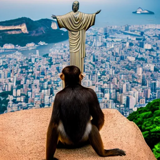 Image similar to high quality portrait of a monkey in front of Christ The Redeemer, studio photograph, photograph, realistic photo, 8k photo, 4k photo, stock photo, high resolution, cinematic shot, high detail