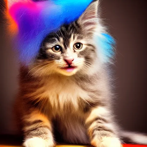 Prompt: cute fluffy kitten with rainbow fur and fluffy octopus legs, cinematic lighting, portrait, digital art,