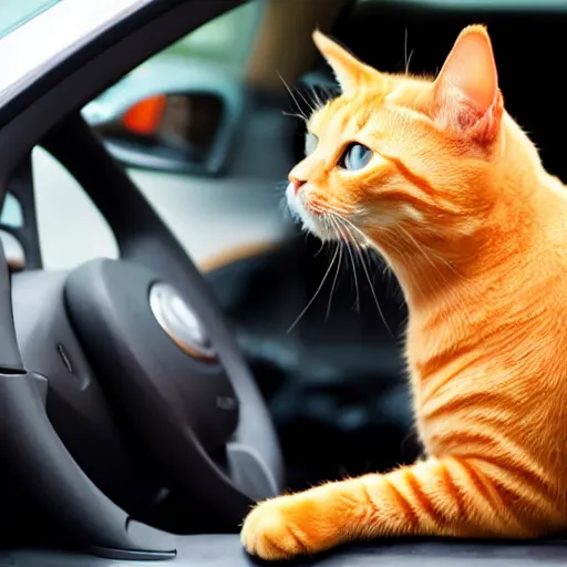 Image similar to an orange tabby cat driving a car