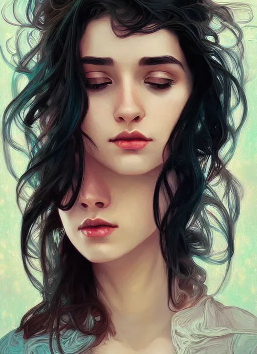 Image similar to handsome young women with shoulder length black hair, half body shot, path traced, highly detailed, high quality, digital painting, alena aenami, lilia alvarado, shinji aramaki, karol bak, alphonse mucha, tom bagshaw