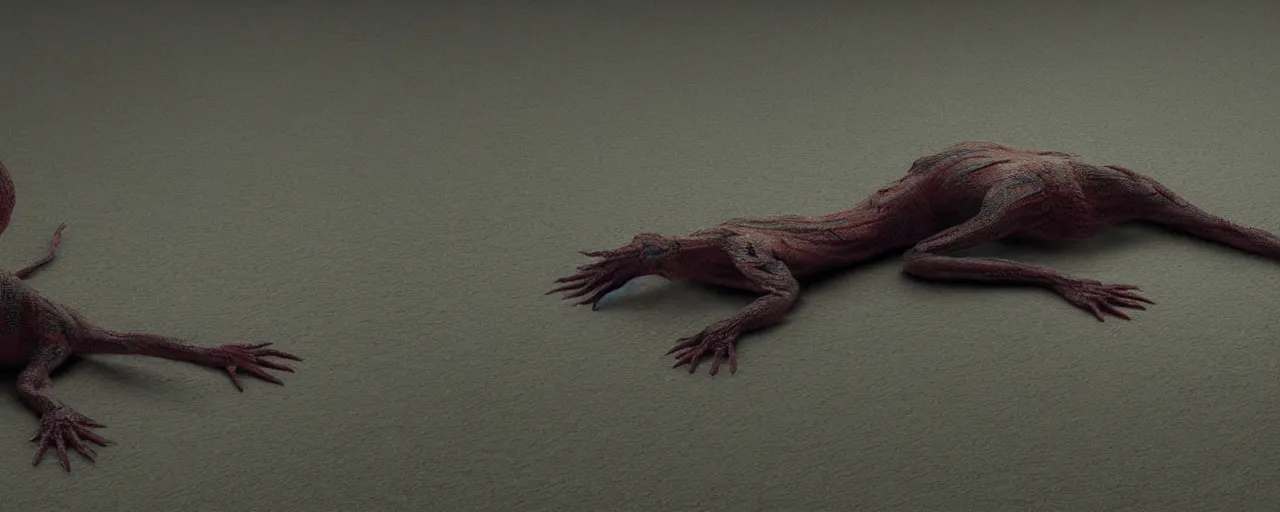 Image similar to a strange creature lies on the floor in the home room, film still from the movie directed by Denis Villeneuve with art direction by Zdzisław Beksiński, close up, telephoto lens, shallow depth of field, beautiful detailed intricate insanely detailed octane render, 8K artistic photography, photorealistic