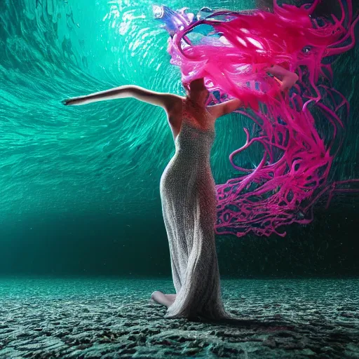 Prompt: woman dancing underwater wearing a very long dress made of a chaos of neon colors and lights flowing and rippling in a strong current of water, coral sea bottom, swirling schools of silver fish, swirling smoke shapes, octane render, caustics lighting from above, cinematic, hyperdetailed