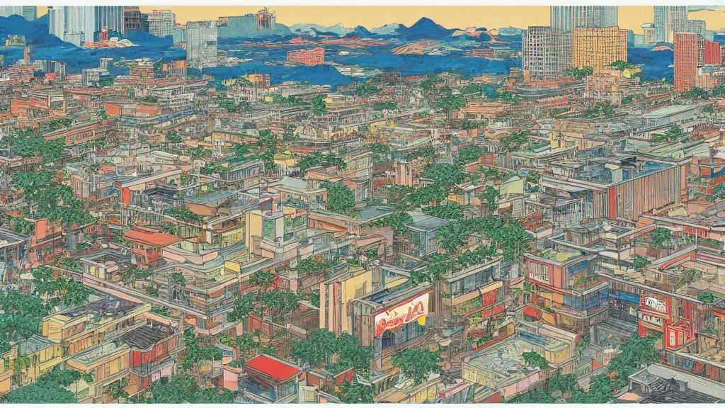 Prompt: Jollibee City, cityscape, wide shot, illustration, HD, by Moebius, Renoir, Hokusai