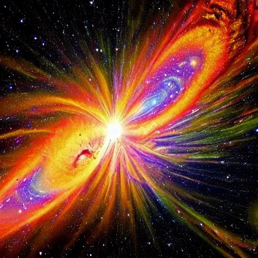 Prompt: the universal big bang, hyper detailed photo of a huge galactic explosion in all directions for infinity
