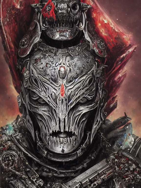 Image similar to art portrait of an undead space marine vampire king, intricate detailed armour ,8k,by tristan eaton,Stanley Artgermm,Tom Bagshaw,Greg Rutkowski,Carne Griffiths, Ayami Kojima, Beksinski, Giger,trending on DeviantArt,face enhance,hyper detailed,minimalist,cybernetic, android, blade runner,full of colour,