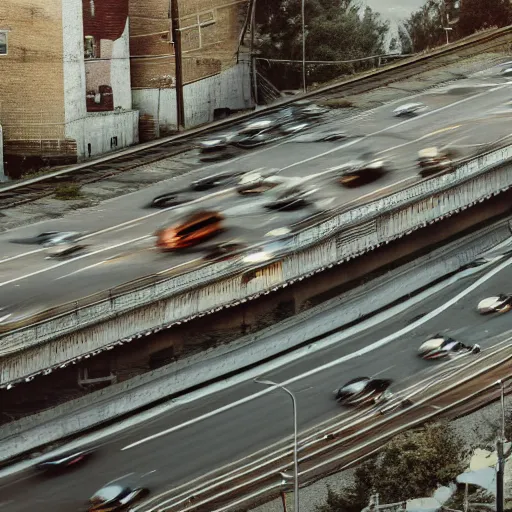 Image similar to a stunning aesthetic wallpaper of a city highway full of traffic with a train track and bus lane nearby, photograph by wes anderson, 8 k, soft focus, cinematic lighting, trending on flicker, super resolution.