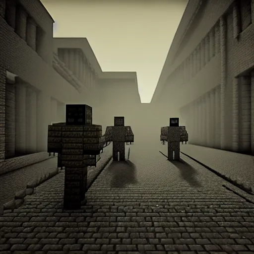 Image similar to eerie, the holocaust in minecraft , very old photo, photo from 1940s, war photograph, very authentic, very detailed, dramatic, intricate, highly detailed, digital painting, artstation, concept art, smooth, sharp focus, illustration, art by Gustave Dore, octane render