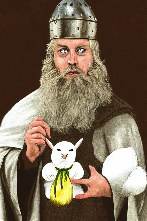 Prompt: tim the enchanter from monty python and the holy grail holding a white rabbit, digital painting, highly detailed