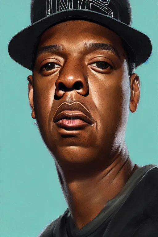 Prompt: portrait of rapper jay - z with hat, staring directly into camera, intricate, elegant, glowing lights, highly detailed, digital painting, artstation, sharp focus, illustration, art by wlop, mars ravelo and greg rutkowski